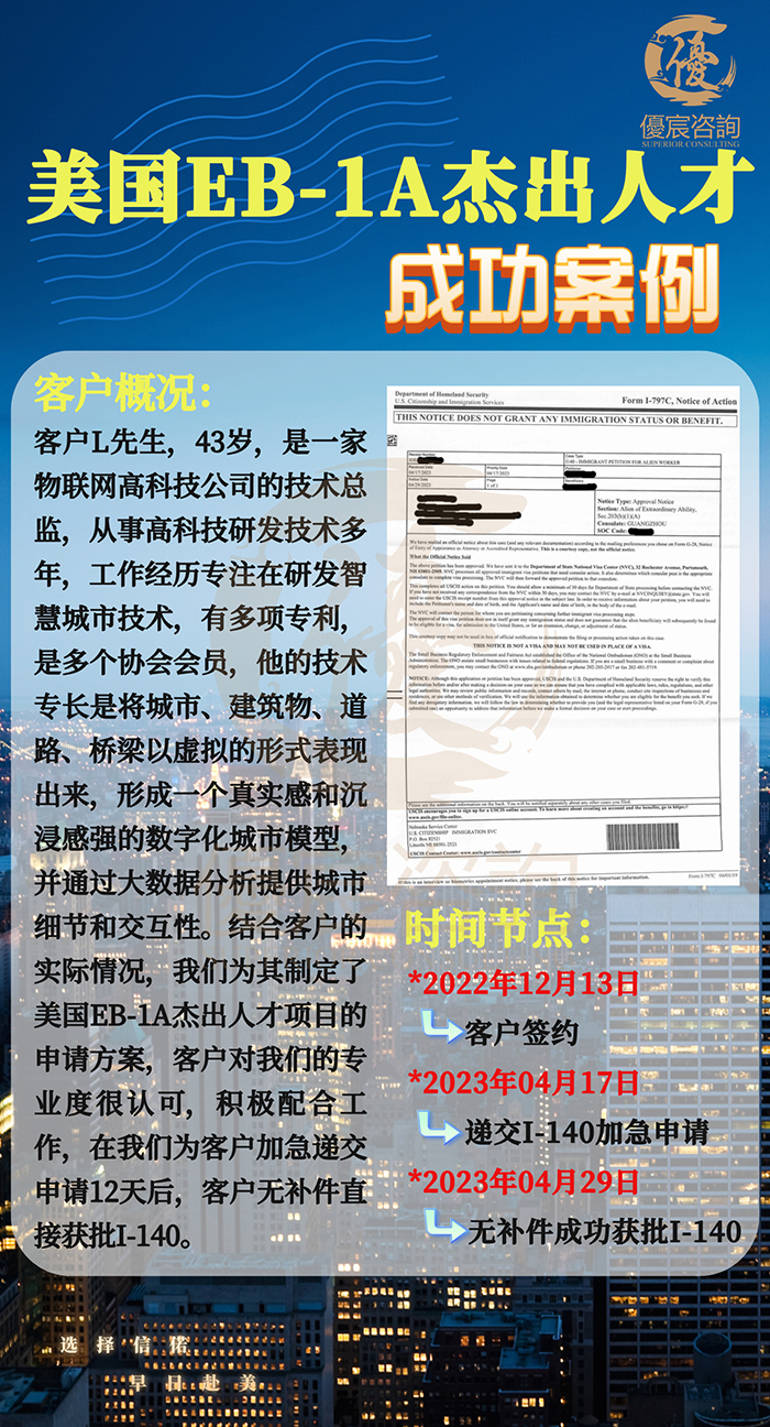 恭喜客户L先生通过EB1A项目移民美国