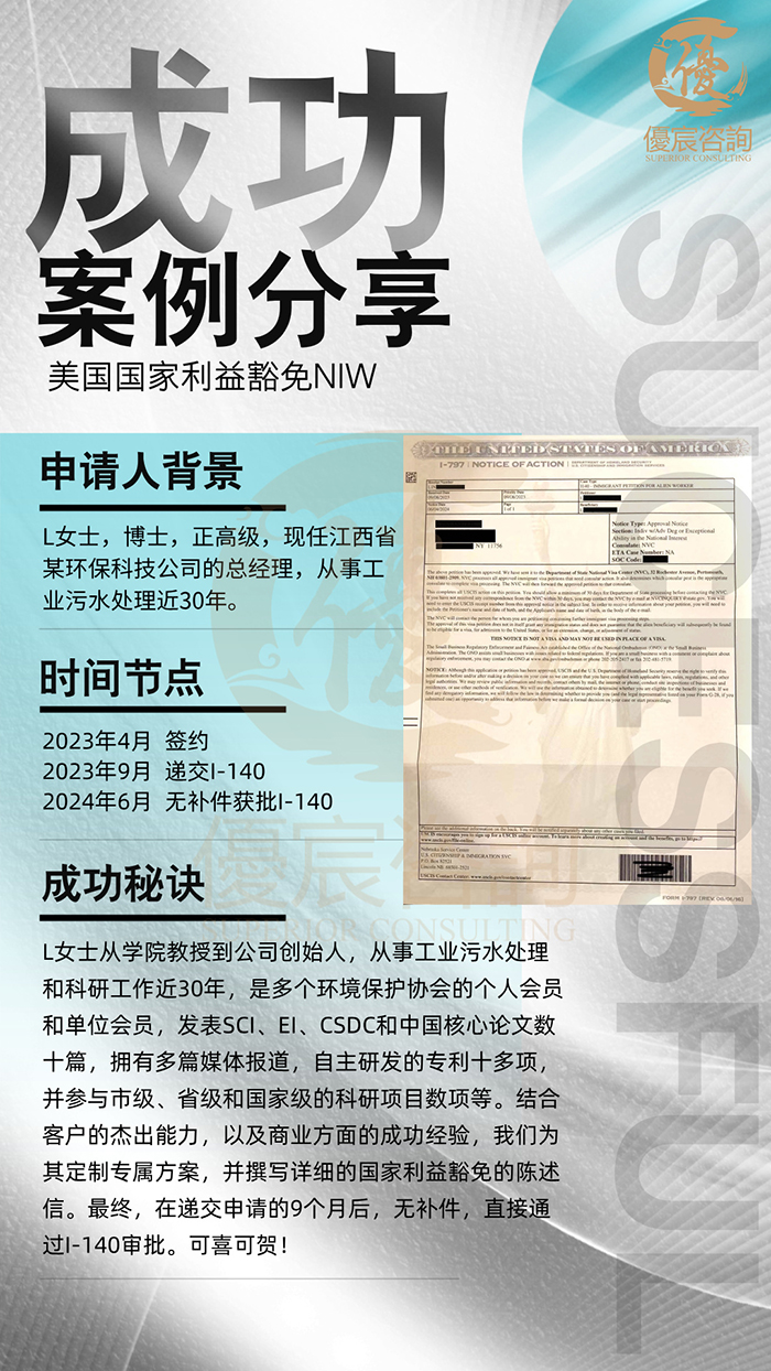 恭喜L女士通过美国国家利益豁免NIW成功移美